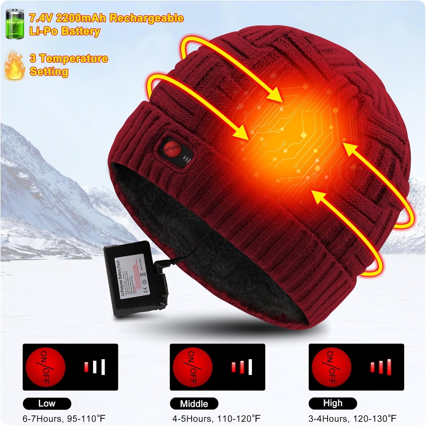 Battery Heated Beanie Hat Rechargeable Heated Hats Warm Winter Heated Cap