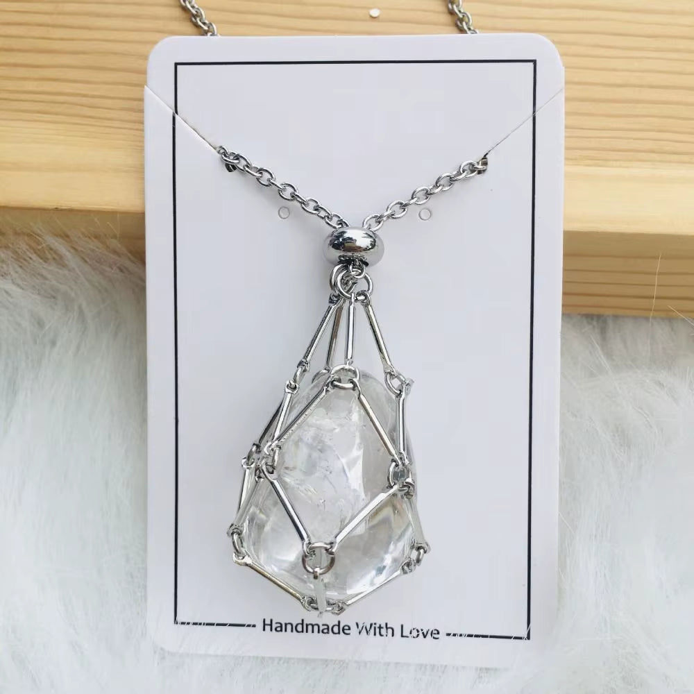 Crystal Holder Cage Necklace with Crystal Stone Interchangeable Adjustable Crystal Net Metal Necklace for Women