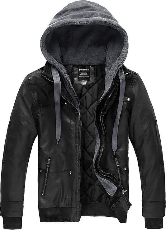 Men'S Faux Leather Jacket with Removable Hood Motorcycle Jacket Casual Warm Winter Coat