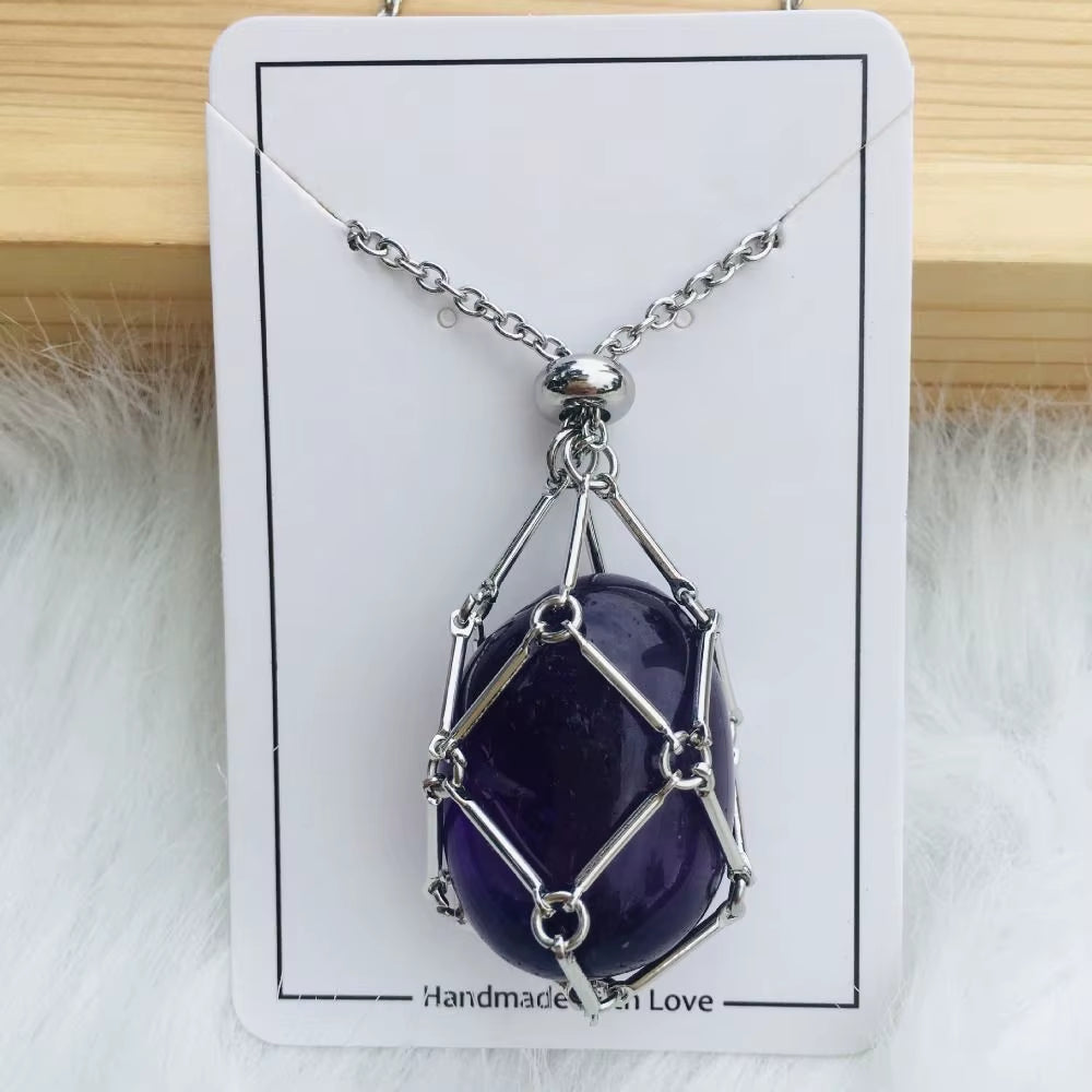 Crystal Holder Cage Necklace with Crystal Stone Interchangeable Adjustable Crystal Net Metal Necklace for Women